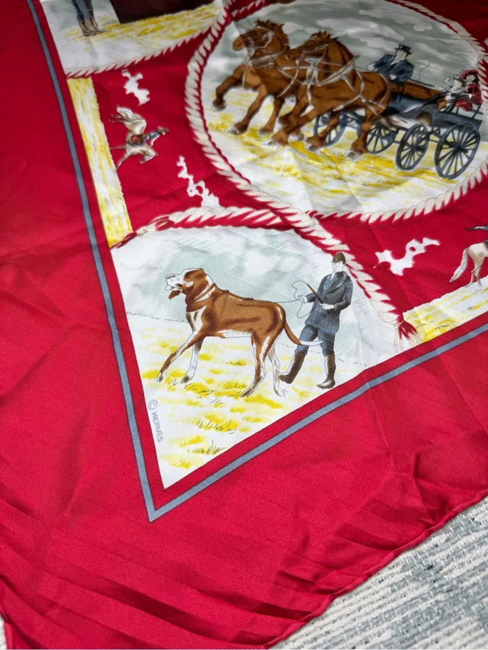 Hermes Paris Red Horse Equestrian Silk Scarf.